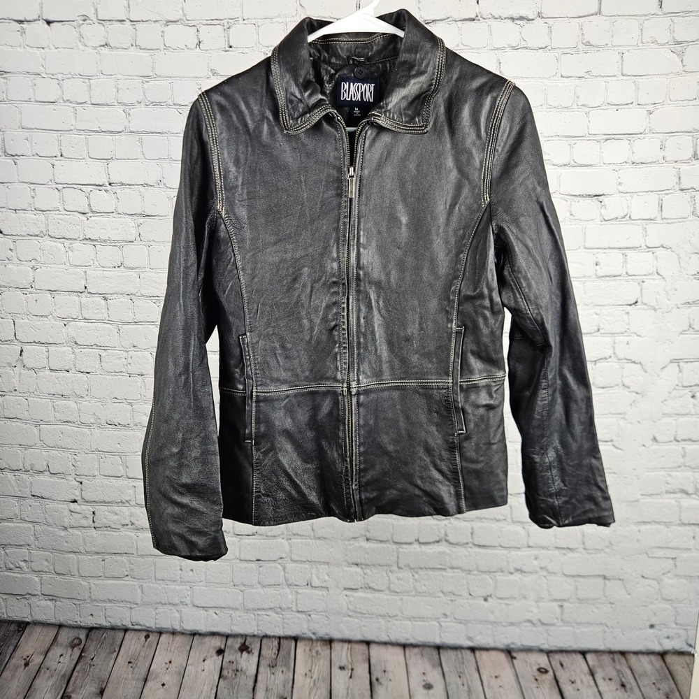 Blassport Black Leather Jacket Womens Medium Full Zip Contrast Stitch Collared